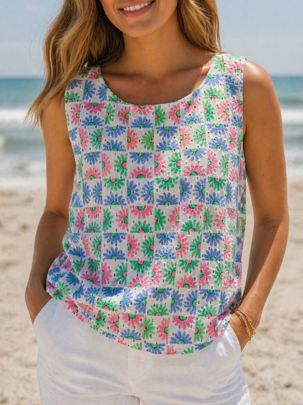 Talbots Floral Patchwork Scoop Neck Tank - Pink, Blue & Green